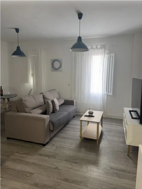 Salón con sofá y lámparas colgantes, limpio y ordenado